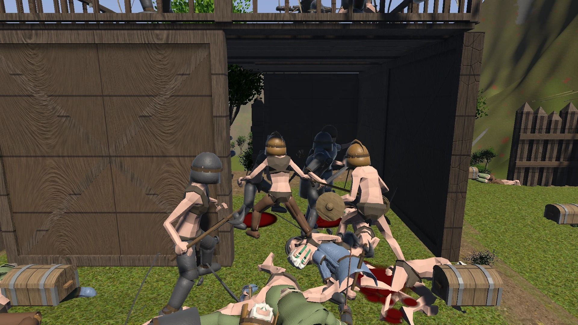 Settlers and raiders fighting hand to hand in the open gateway of a timber fort, the fallen and their scattered chests on the grass around them