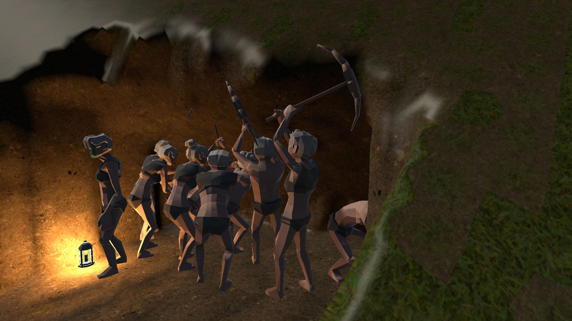 A crew of settlers with picks raised at the lit mouth of a tunnel cut into a hillside, a lantern burning on the rock wall beside them