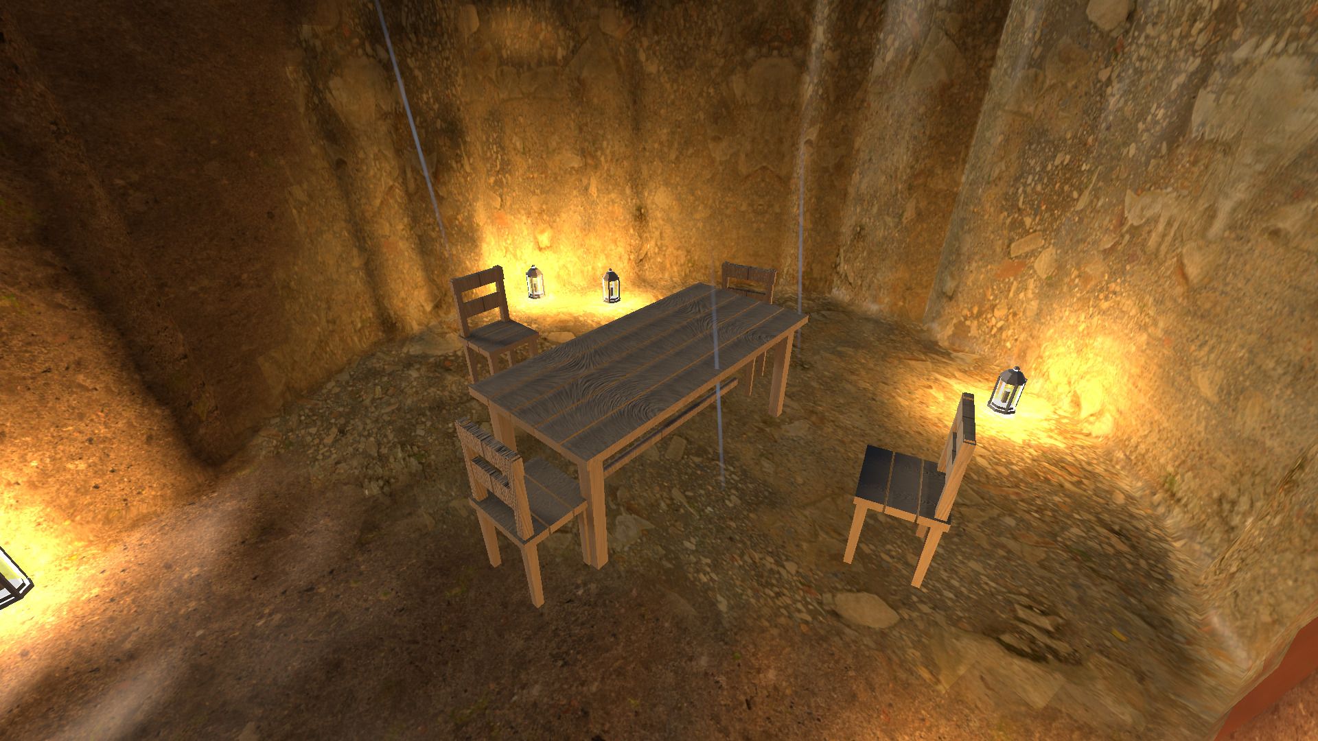 The same underground chamber furnished with a long table and chairs under lantern light