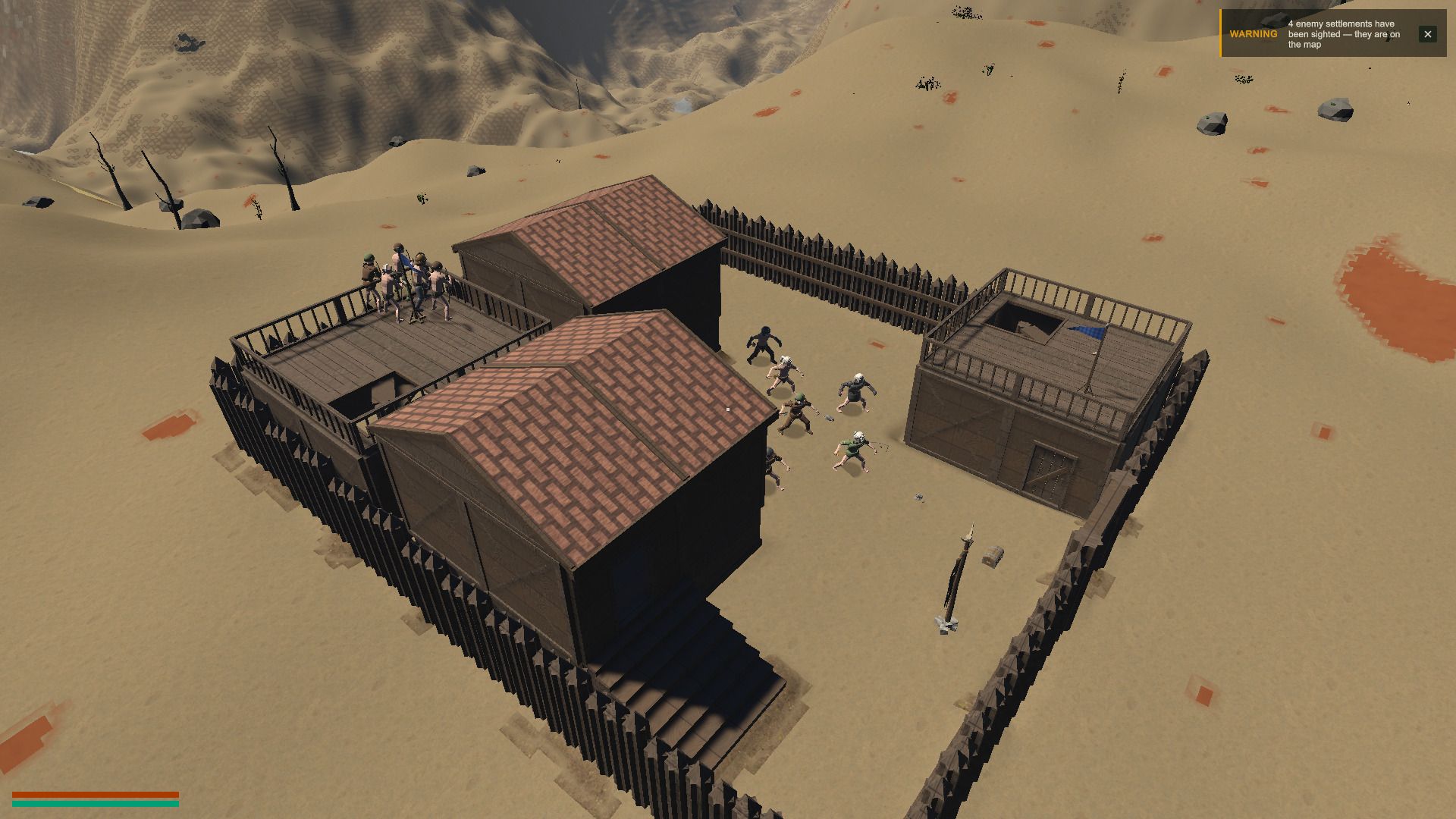 A larger raider fort of two halls and a corner tower standing in open desert, its garrison gathered in the yard